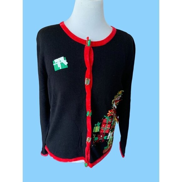 BEREK LADIES VINTAGE LS BLACK CHRISTMAS PACKAGE CARDIGAN SWEATER EUC L - Picture 5 of 6
